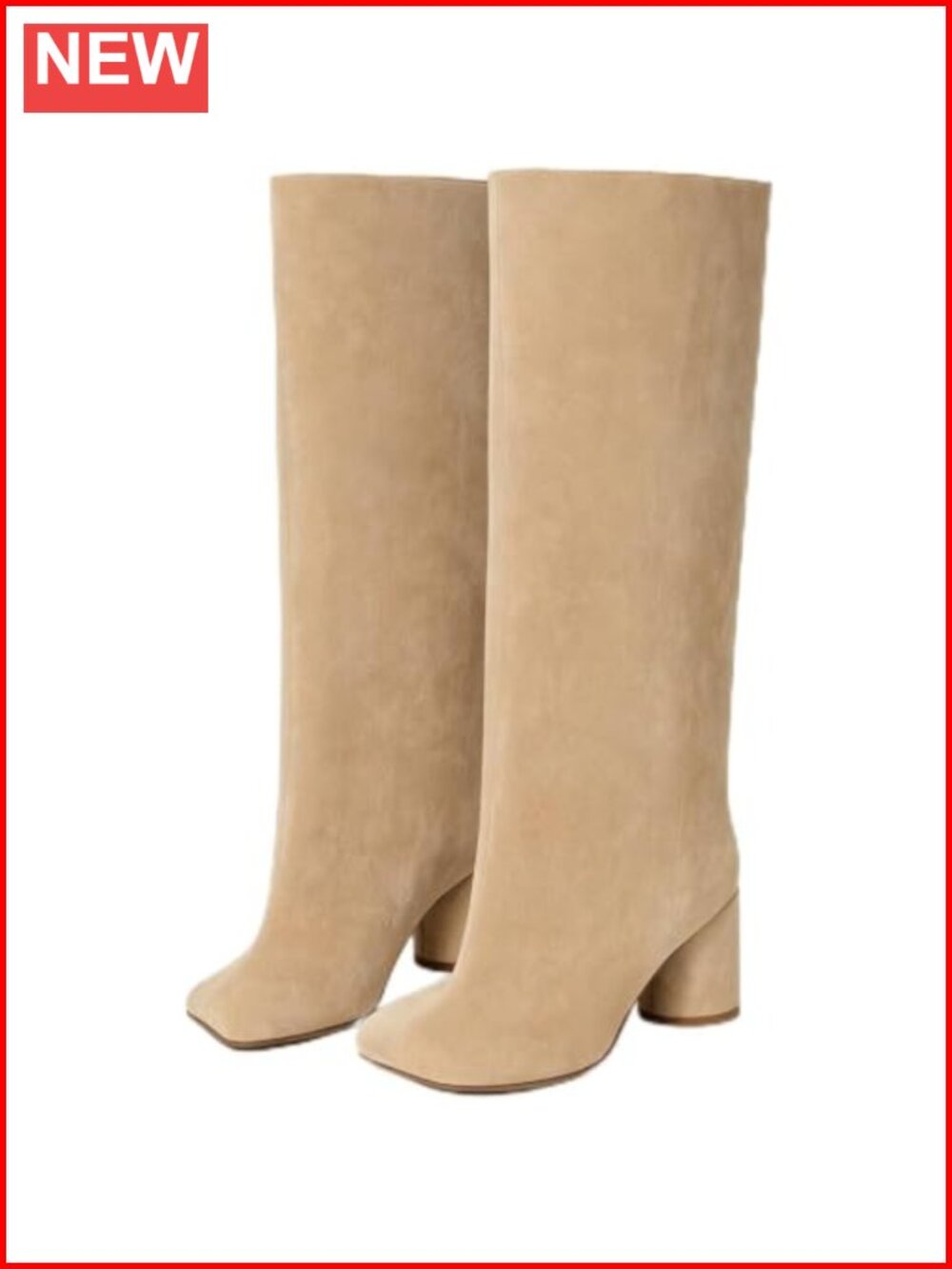 Knee High Wide Calf Suede Boots Square Toe Chunky Heel